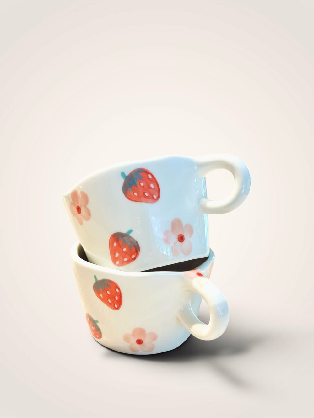 Set of 2 NWOT Hand Painted Ceramic Strawberry & Flower Mugs - Picture 4 of 6